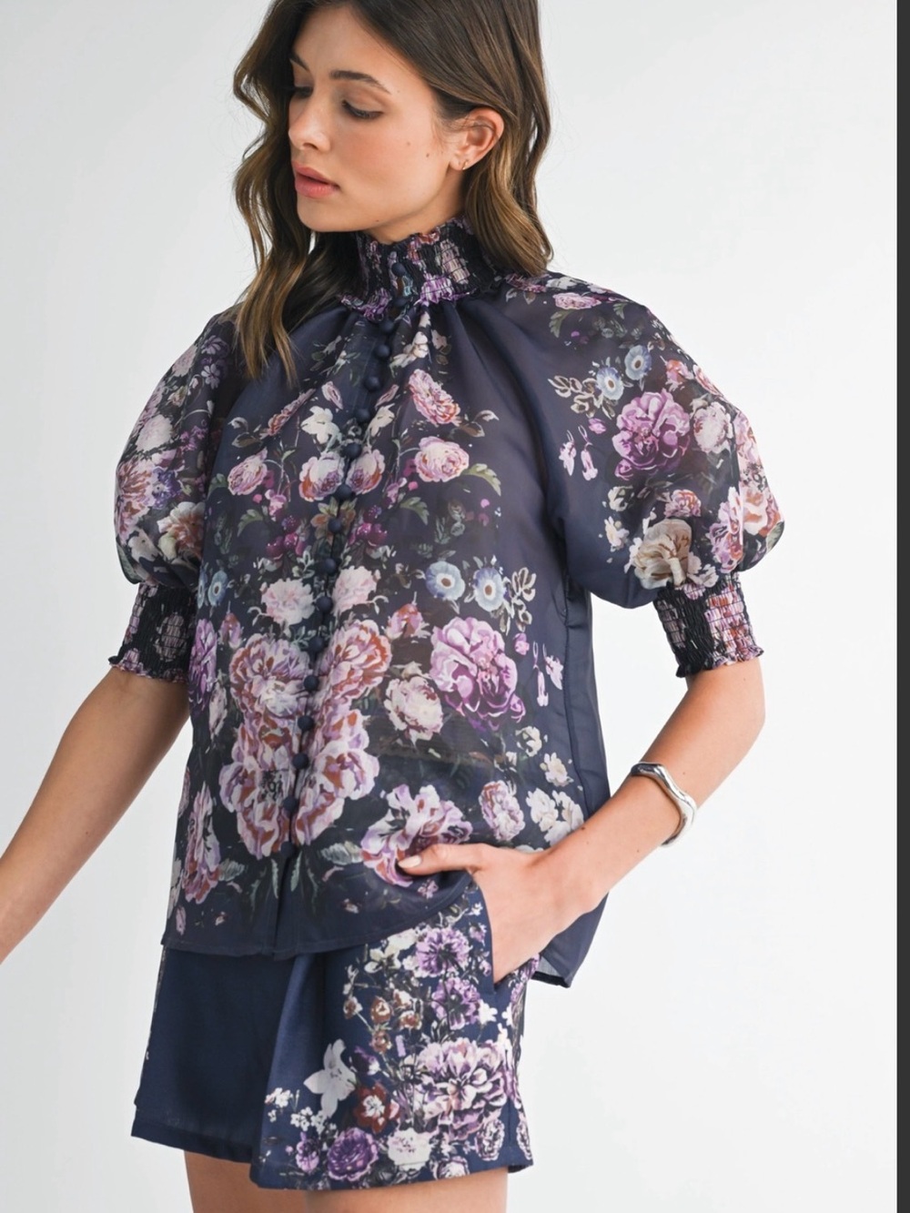 Floral Navy High-Waist Shorts Set